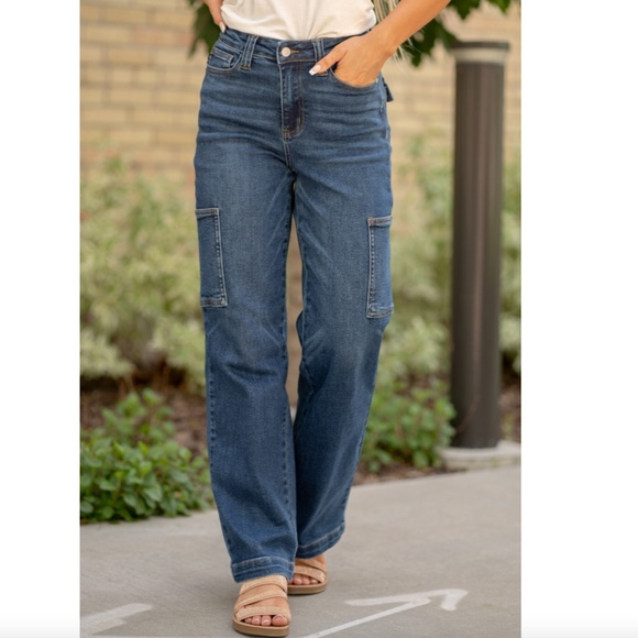 Judy Blue High Rise Cargo Wide Leg Dark Wash Denim Jeans, Size 9 / Size 29 - Picture 9 of 11